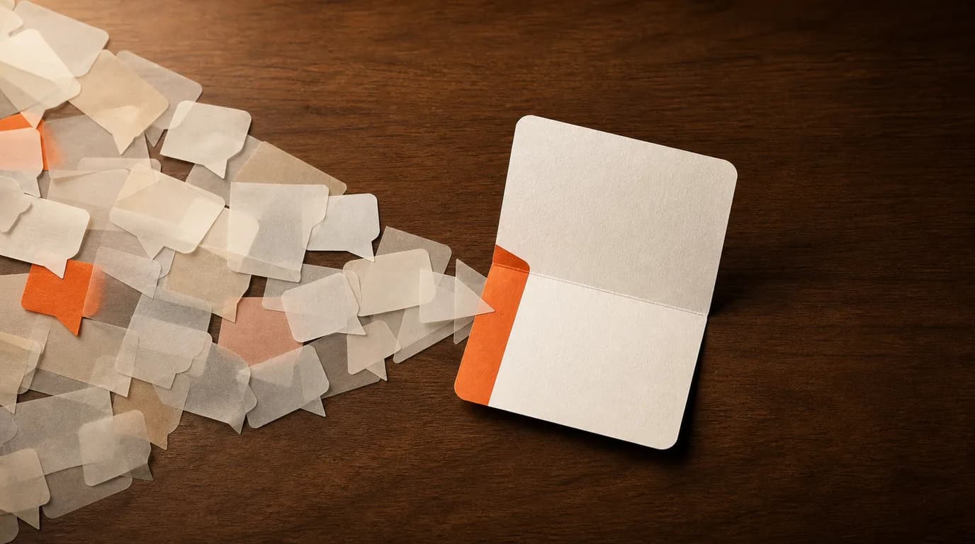 A focal paper card on a warm desk surrounded by translucent conversation chips arranged in a converging flow.