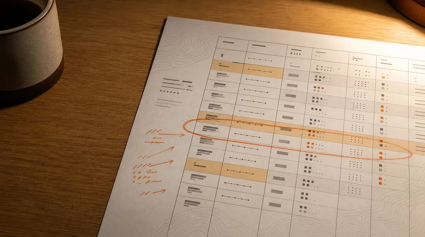 Printed audit grid spread on an oak desk under warm lamp light, with a circled row and a handwritten margin annotation in the foreground.
