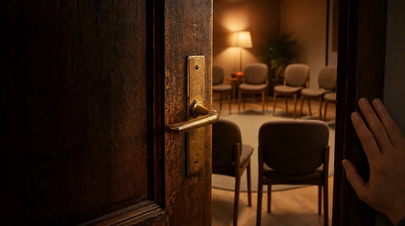 A partly open wooden door with a brass handle revealing a warmly lit room with a circle of empty chairs, a single hand resting on the doorframe.