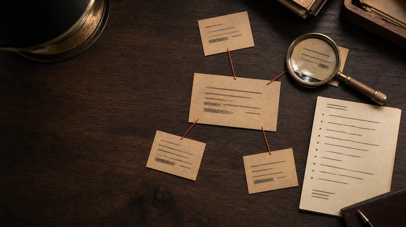 Overhead view of a dark walnut desk with a hand-drawn list on cream paper, four fanned kraft index cards linked by thin amber threads to a central card, and a brass magnifying glass resting over one card.