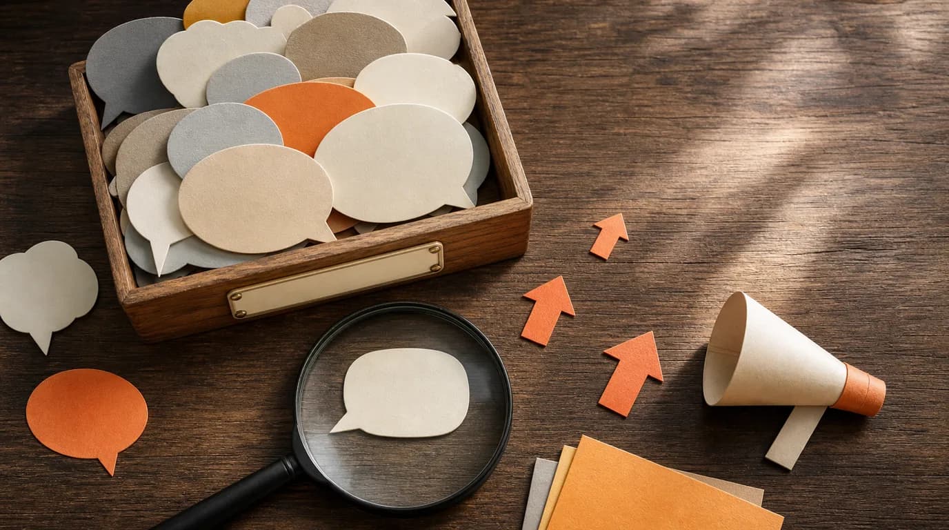 Overhead view of a wooden desk with stacked cream and amber paper speech bubbles being sorted into a labeled tray, a magnifying glass over one bubble, small paper upvote-arrow cutouts, and a folded paper megaphone tipped on its side at the edge.