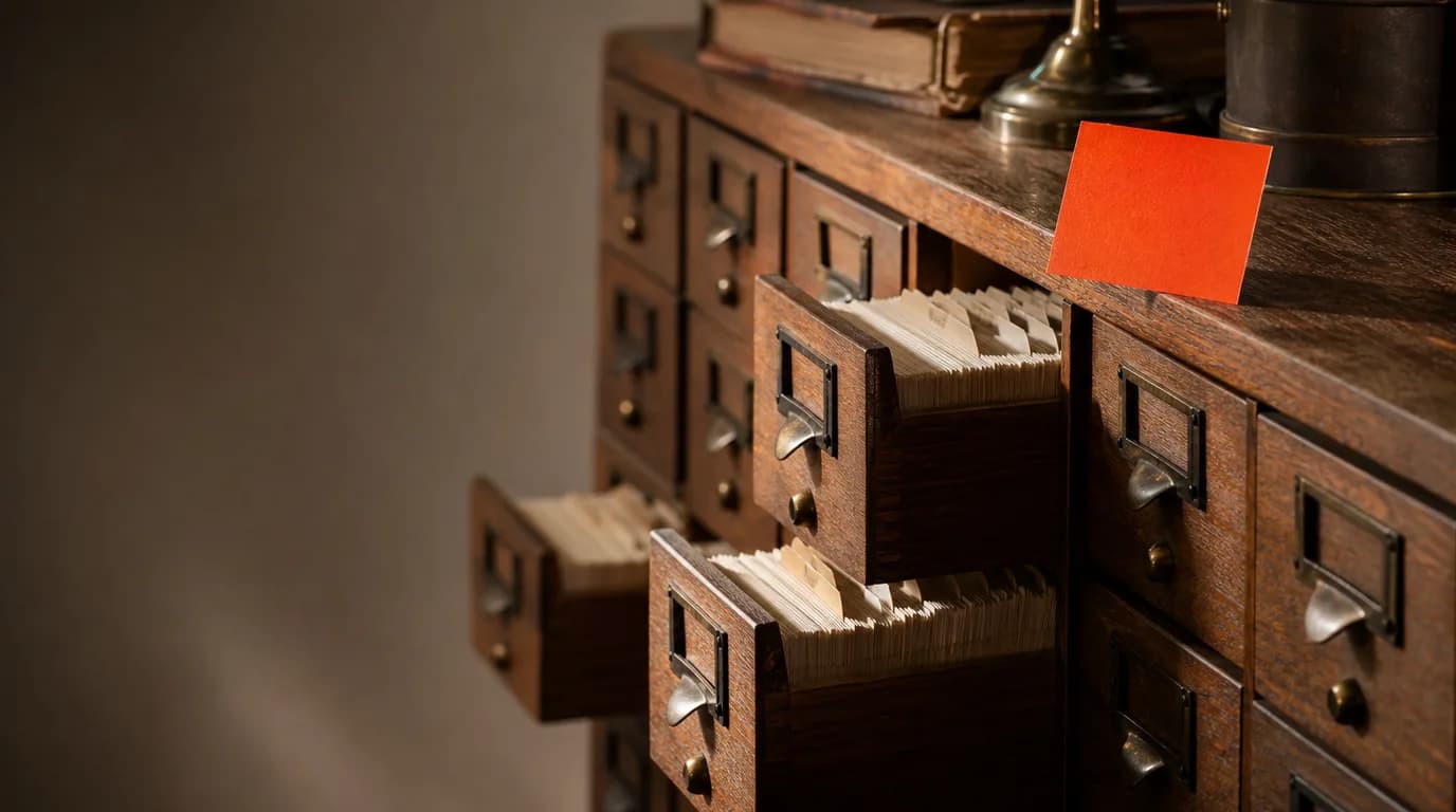 Wooden library card catalogue with multiple open drawers filled with ivory index cards, one amber card resting on the surface in the foreground.